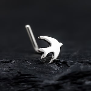 Tiny swallow hand finished sterling silver nose stud. Swallow lover gift. Lovely nose stud. Silver swallow. Nose piercing unique.
