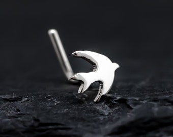 Tiny swallow hand cut sterling silver nose stud. Swallow lover gift. Lovely nose stud. Silver swallow. Nose piercing unique.