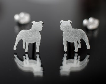 Cute Staffordshire Bull Terrier 925 sterling silver stud earrings. Hand cut tiny dog studs. Animal lovers gift. Staffie lovers.