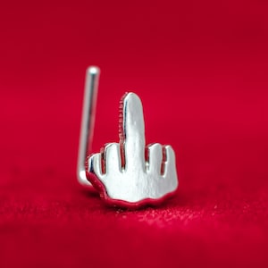 Middle finger nose stud tiny sterling silver letters. FUCK OFF finger gift. Punk nose ring. Nose piercing unique. Rude nose stud.