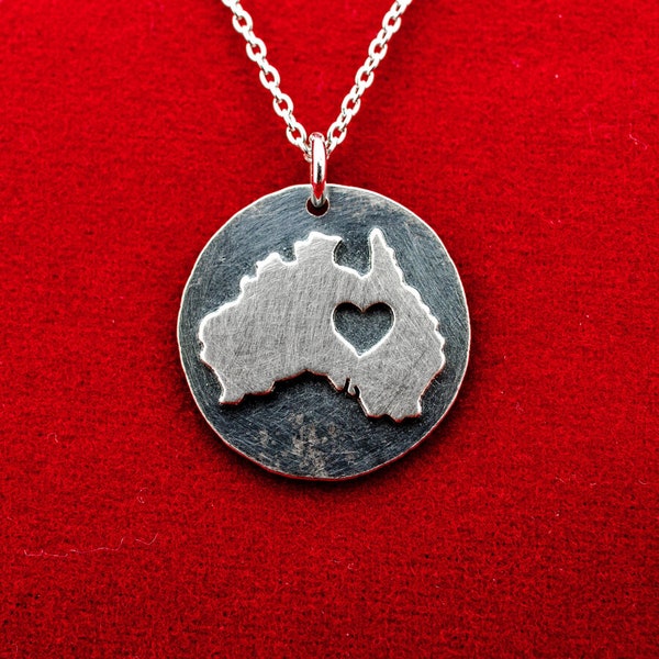 Silver Australia oxidized pendant. Aussie necklace. Australia lovers silver necklace Fashionable tiny black pendant. Black heart Australia