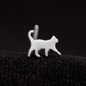 Cat nose stud hand cut sterling silver. Cat lover gift. Tiny kitten nose stud. Silver cat gift. Pet nose piercing. L-shape post.
