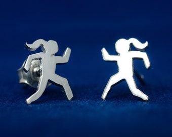 Jogging runner girl 925 sterling silver earrings. Hand cut tiny silver girl power studs. Fitness lovers gift. Sport earrings. Sport studs.