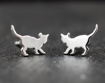 Cute kittens 925 sterling silver stud earrings. Hand cut tiny kitty studs. Animal and cats lovers gift. Tiny cats earrings.