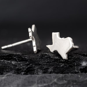 Texas hand finished sterling silver stud earrings. State of Texas lover gift. Tiny cowboy studs. Dallas lovers. Geographic USA earrings.