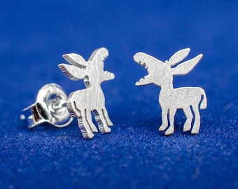 Braying donkeys hand cut 925 sterling silver stud earrings. Animal lovers gift. Tiny donkeys studs. Small donkey silver gift.
