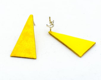 Yellow triangular enamel stud earrings - "cold" enamel on copper. Yellow earrings. Stud earrings. Yellow studs. Yellow gift for her.