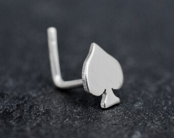 Spades card suit hand cut sterling silver nose stud. Gambler gift. Tiny bridge nose stud. Spades nose piercing. Poker player nose stud.