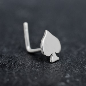 Spades card suit hand cut sterling silver nose stud. Gambler gift. Tiny bridge nose stud. Spades nose piercing. Poker player nose stud.