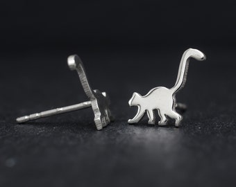 Cute lemurs 925 sterling silver stud earrings. Hand cut tiny lemurs studs. Lemur lover gift. Silver lemurs silhouette studs.