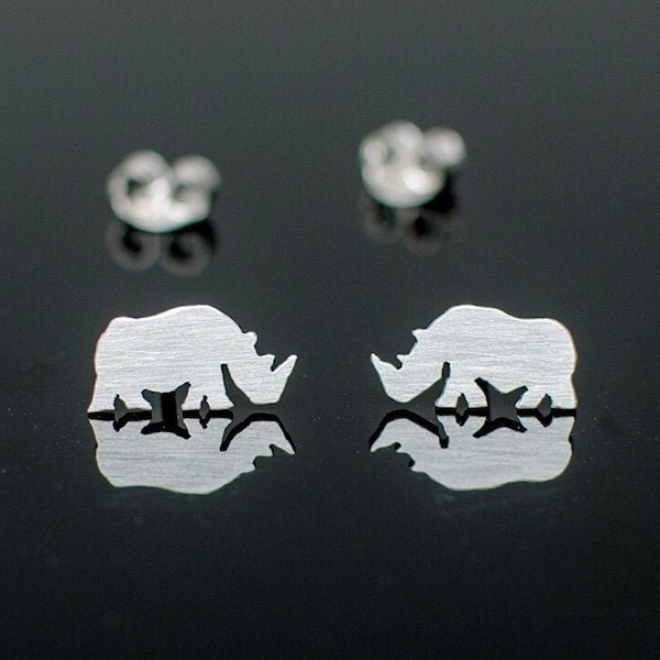Rhino hand cut 925 sterling silver stud earrings. Animal lovers gift. Tiny rhino studs.