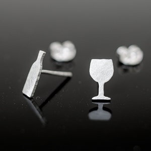Small 925 sterling silver wine bottle and glass stud earrings. Wine lovers gift. Tiny silver studs.