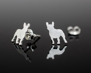 Orecchini A Bottone In Argento Sterling 925 - Design French Bulldog - Colori Argento E Bianco - Confezione Regalo Katy Craig