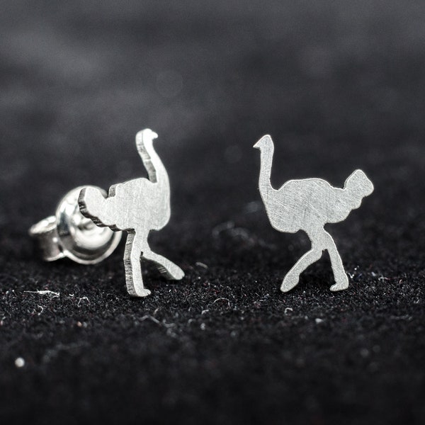 Ostrich silhouettes sterling silver stud earrings. Hand cut tiny birds studs. Australian animal lovers gift. Cute Australian birds earrings.