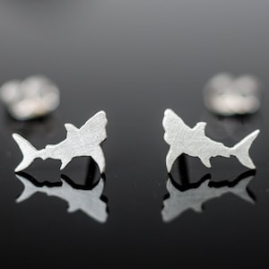 Sharks hand finished 925 sterling silver stud earrings. Animal lovers gift. Tiny white shark studs. Diver gift.
