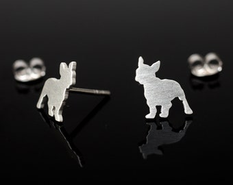 Cute white French Bulldog 925 sterling silver stud earrings. Hand cut tiny dog studs. Animal lovers gift.