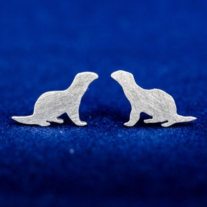 Cute otter 925 sterling silver stud earrings. Hand cut tiny animal studs. Wild life lovers gift. Otter lovers gift. Otter silhouette.