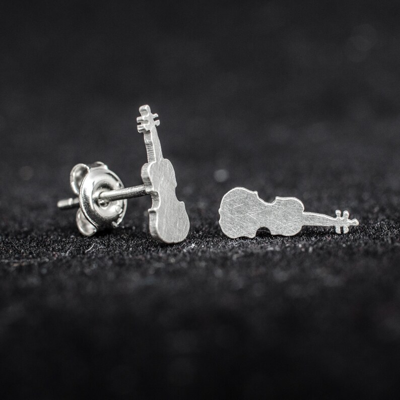 Small violin 925 sterling silver stud earrings. Music lover Etsy