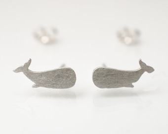 Whales hand cut 925 sterling silver stud earrings. Animal lovers gift. Tiny whale studs.