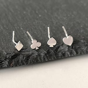 Card player sterling silver nose studs set. Gambler gift. Tiny bridge nose stud. Clubs nose piercing. Poker player nose stud.