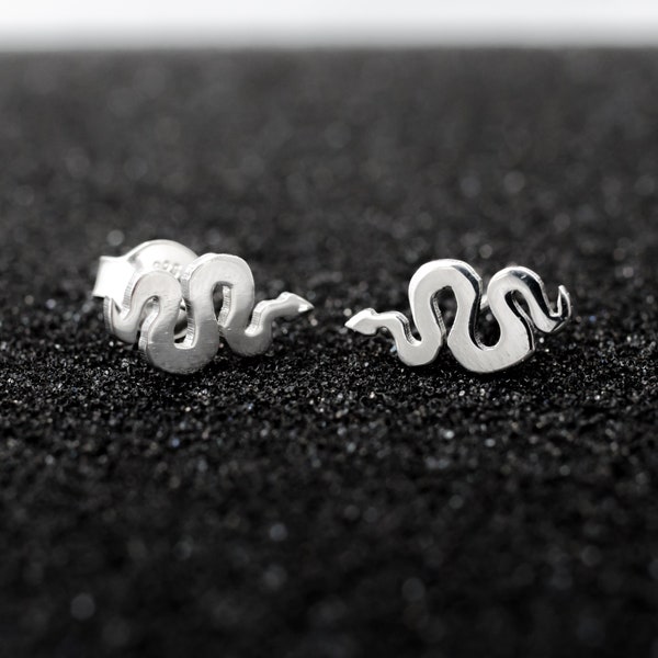 Snake silhouette hand cut 925 sterling silver stud earrings. Reptiles lovers gift. Tiny snake silhouette studs. Silhouette earrings.