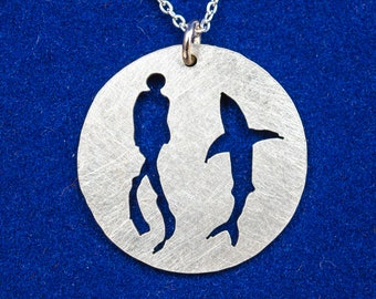 Silver shark and diver pendant. Diver and shark necklace. Exotic silver necklace. Fashionable tiny shark pendant, ideal gift for a diver.