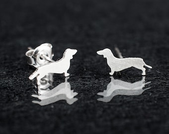 Cute dachshund dogs 925 sterling silver stud earrings. Hand cut tiny dog studs. Animal lovers gift. dachshunds studs. Dog studs.