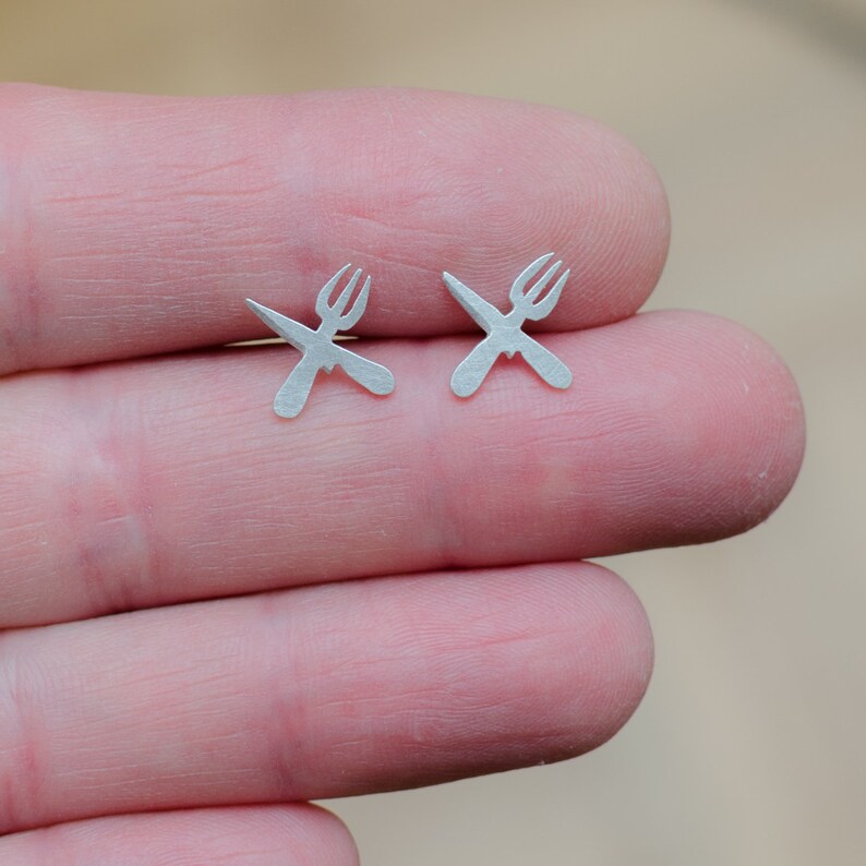 Crossed knife and fork sterling silver stud earrings. Food Etsy