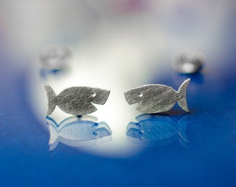Smiling fishes hand cut 925 sterling silver stud earrings. Animal lovers gift. Tiny fish studs. Fish earrings.