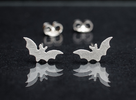 Bats 925 Sterling Silver Stud Earrings. Hand Cut Tiny Bat