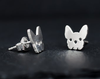 French Bulldog head 925 sterling silver stud earrings. Hand cut tiny dog studs. Dog lover gift. Cute Frenchie head earrings. Frenchie studs.