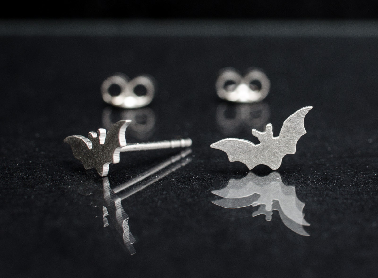 Bats 925 Sterling Silver Stud Earrings. Hand Cut Tiny Bat
