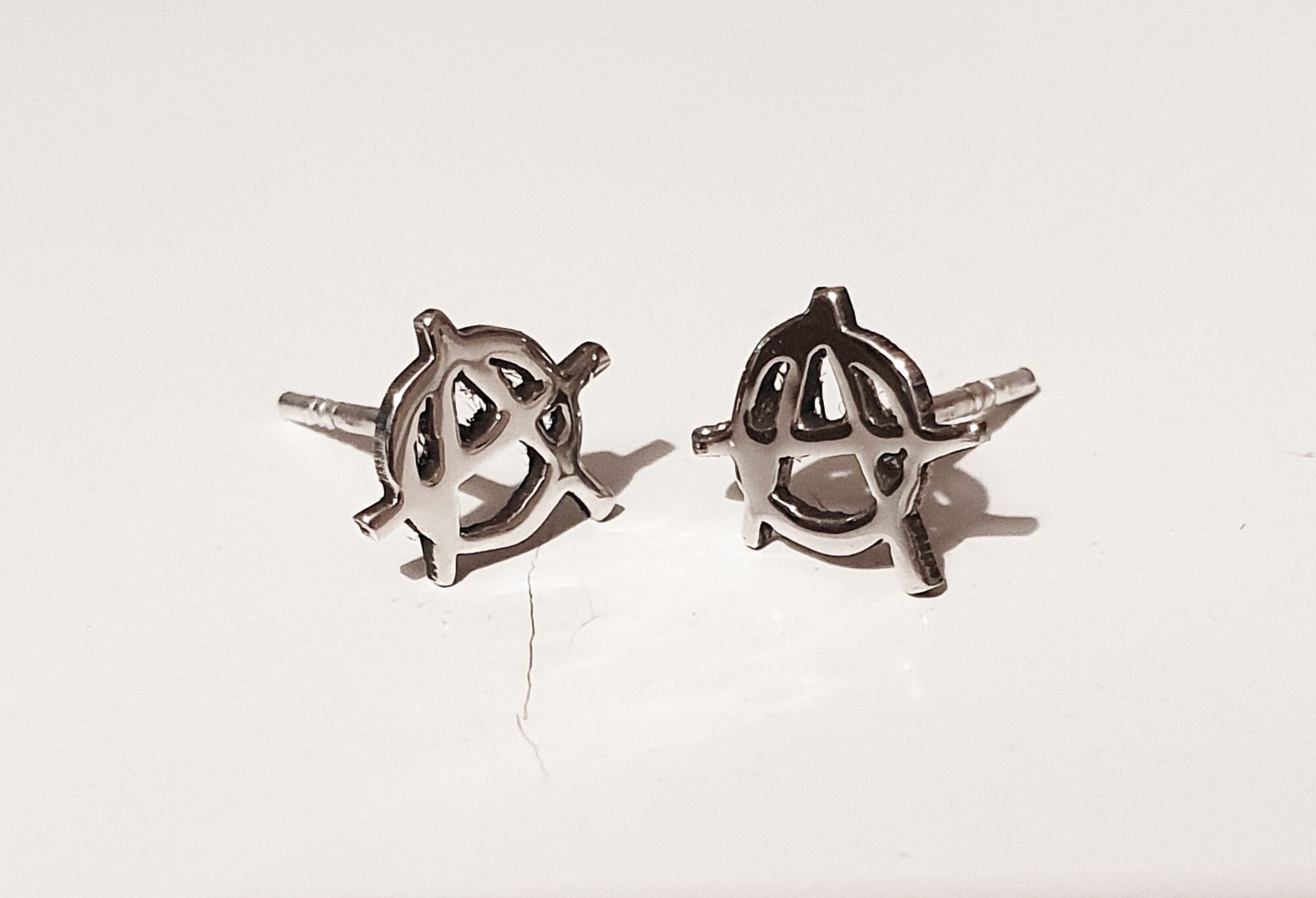 Anarchy Sign Sterling Silver Earrings. Punk Studs. Music