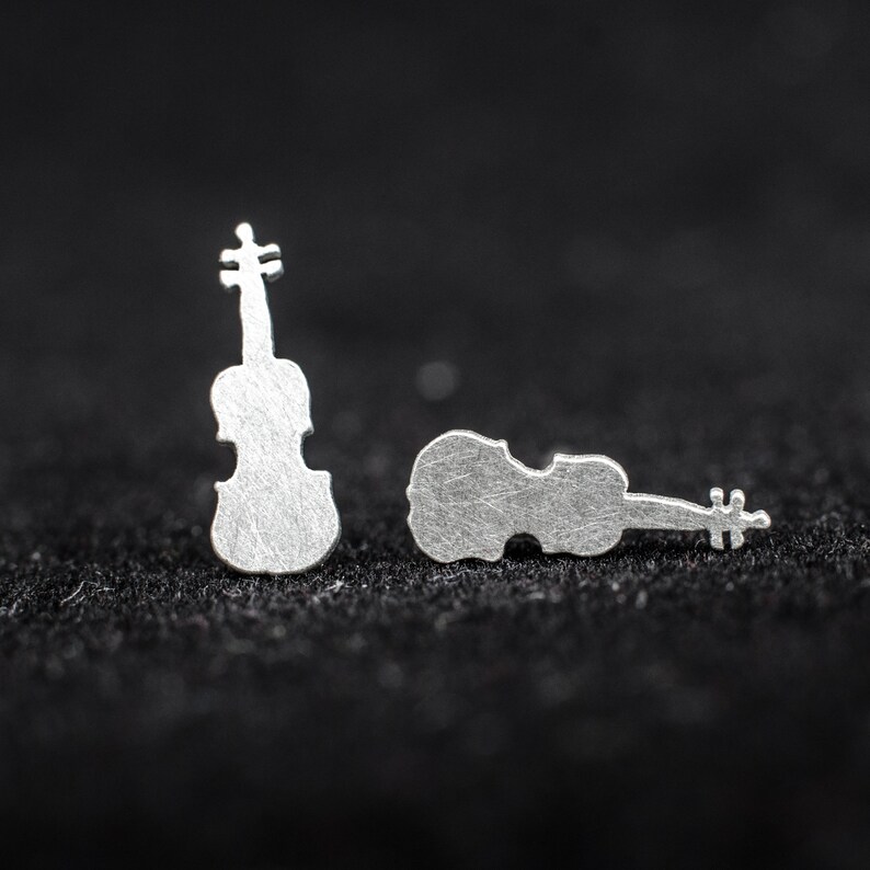 Small violin 925 sterling silver stud earrings. Music lover Etsy