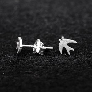 Handmade Sterling Silver Small Flying Swallow Bird Stud Earrings – 925 Silver Post Earrings