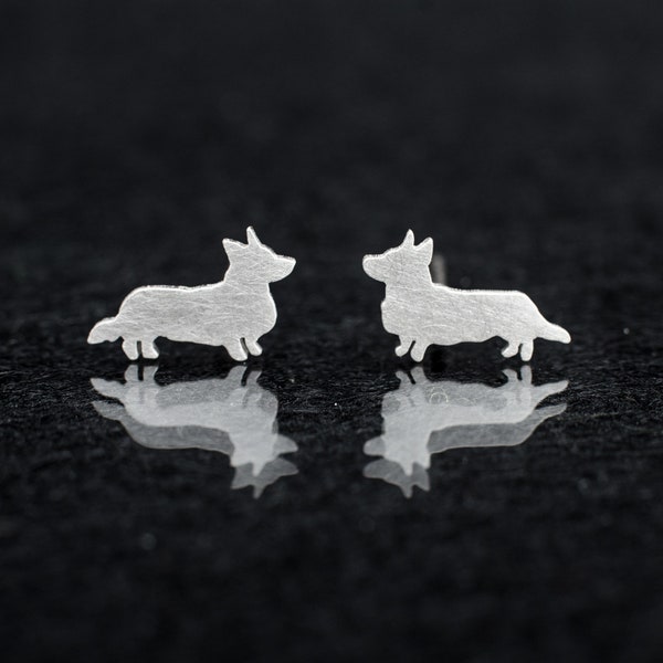 Cute Cardigan Welsh Corgi dogs 925 sterling silver stud earrings. Hand cut tiny dog studs. Animal lovers gift. Corgi studs. Dog studs.