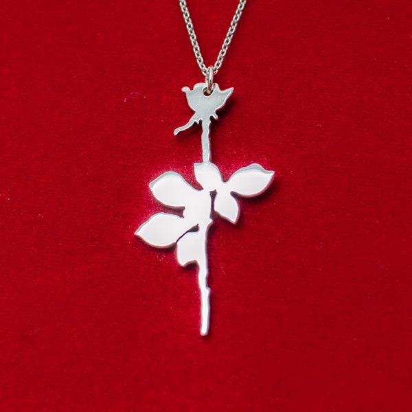 Silver Depeche Mode rose pendant. Music fan pendant. Depeche Mode necklace. Rose silver necklace. Flower tiny pendant. Violator pendant.