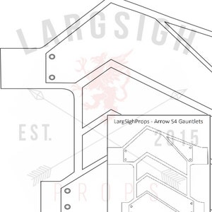 May include: A black and white line drawing of a pattern for a pair of gauntlets. The pattern is labelled "LargSighProps - Arrow S4 Gauntlets".