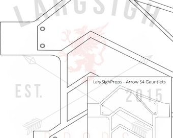 May include: A black and white line drawing of a pattern for a pair of gauntlets. The pattern is labeled "LargSighProps - Arrow S4 Gauntlets".