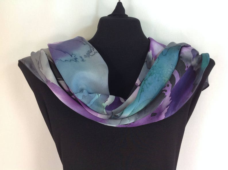 Hand Painted Silk Scarf BLACK PURPLE BLUE Hand Painted | Etsy