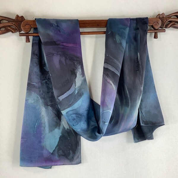 Blue Silk Scarf, Purple Scarf, Hand Painted, Abstract Design, Long Silk Scarf