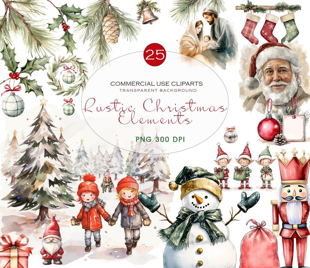 25 Rustic Christmas Clipart ,PNG Transparent Watercolor, Paper Craft ...