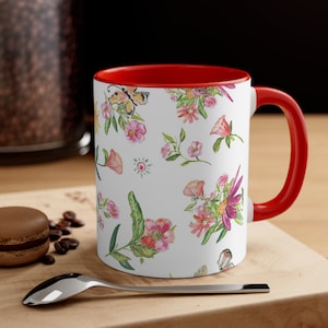 Floral Watercolor Coffee Mug: Red Interior, Wildflower Spring Flowers, 11oz