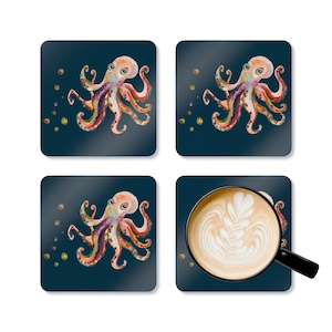 Coaster Set, Octopus Sea Creature Glassware, Home Decor Drink Mat, Table Coaster Gift, Kitchen Table Ware, Ocean Animal Coasters, Multi