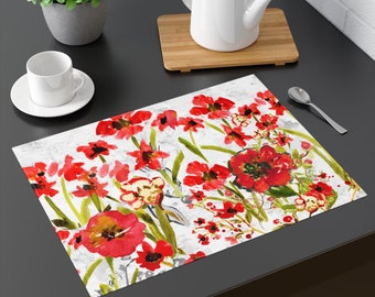 Placemat | Red Floral Placemats | Single Placemat | Tabletop Decor | Home Decor for Table