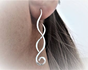 Long spiral silver earrings - Sterling silver 925, german silver or brass - Wavy hammered elegant curl modern bohemian earrings