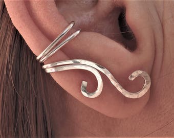 Silver ear cuff / wrap / clip Sterling silver 925 Brass Copper Hammered curl crawler / climber Elegant wavy bohemian ear cuff