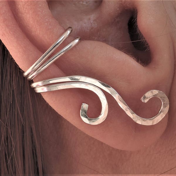 Silver ear cuff / wrap / clip Sterling silver 925 Brass Copper Hammered curl crawler / climber Elegant wavy bohemian ear cuff