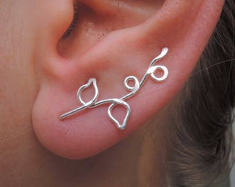 Silver ear crawler / climber / ear pins / ear sweeps - Sterling silver 925 - Brass - Copper - Dainty vine ear climber