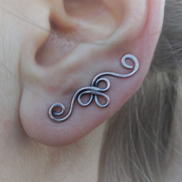 Celtic climber earring - Copper, brass, sterling crawler earrings /ear climber/ear crawler/ear bar/ear pin - Antique spiral swirl earrings